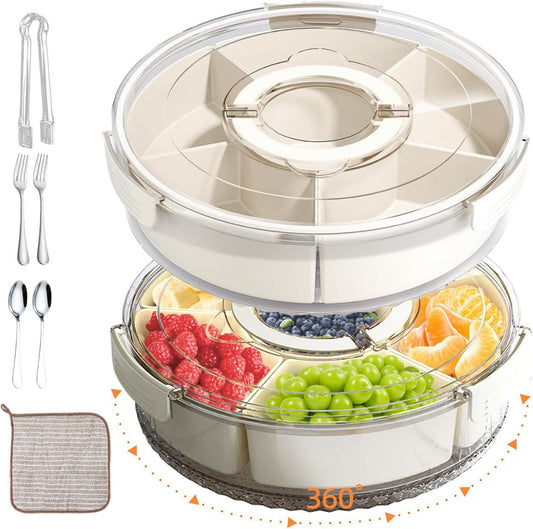 2 Pack Divided Rotating Snackle Box with Lid & Handle – Portable Lazy Susan Serving Tray for Fruits, Snacks, Veggies, Charcuterie – Clear Organizer & Fridge Storage Container